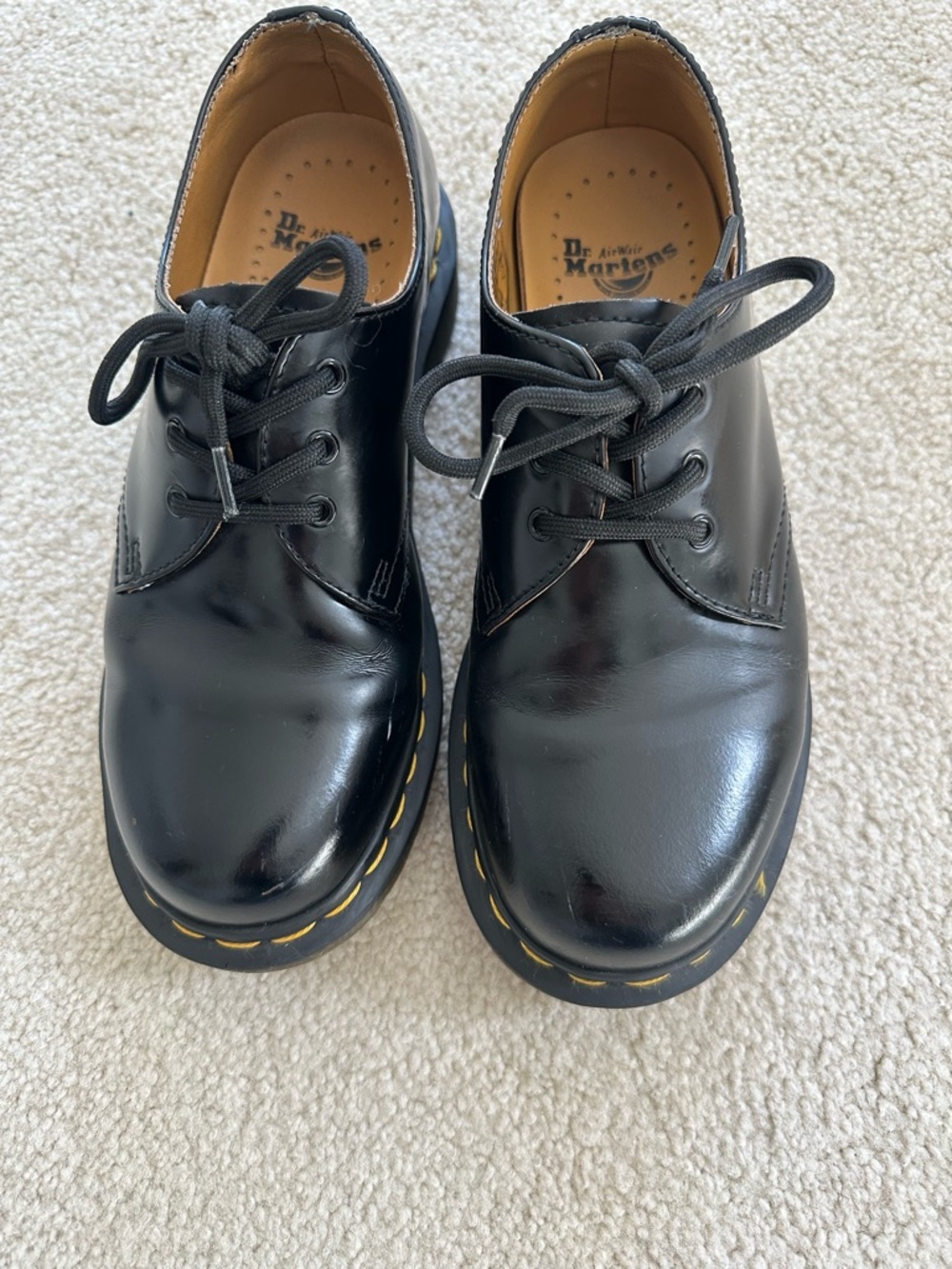 Dr. Martens Black Lace-Up Leather oxfords with Yellow Stitching